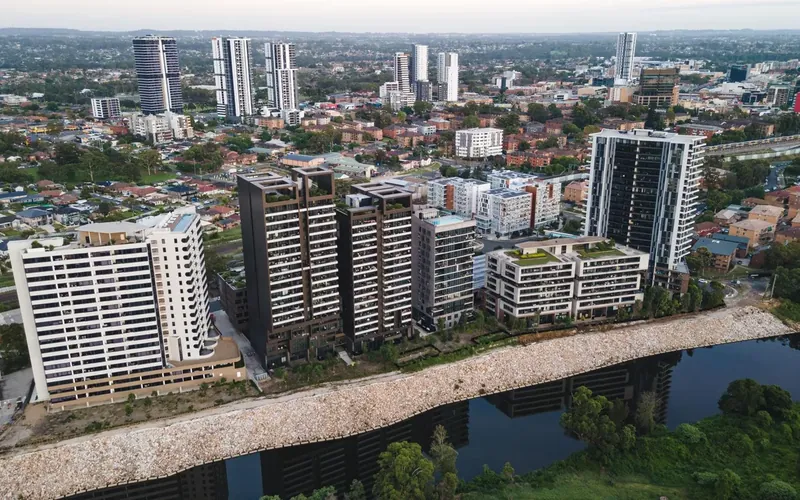 Apartment towers beside the Georges River in Liverpool.