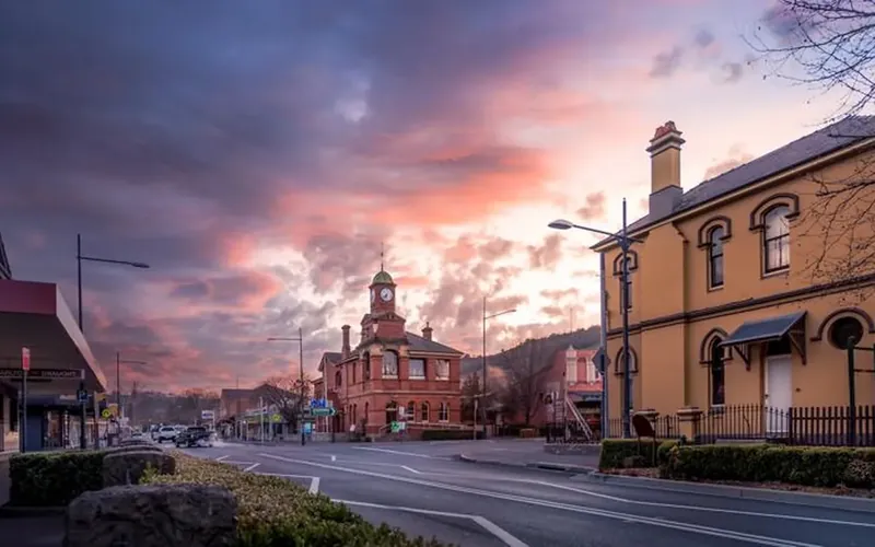 Picton main street and the post office clock tower at sunset.