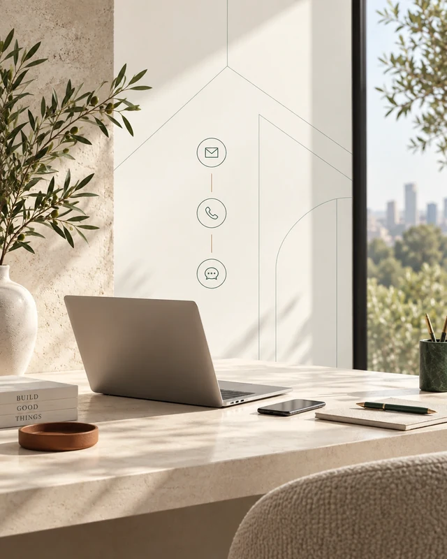 A desk by a window: laptop, phone and notebook, with email, phone and message symbols on the wall behind.