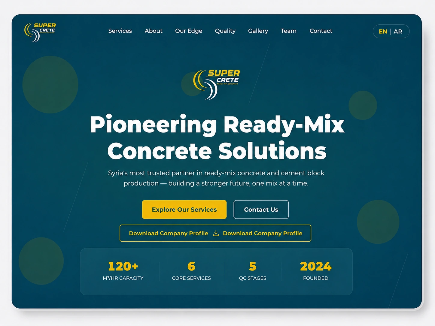 The SUPERCRETE website home page: the bilingual hero over a deep teal ground, with the production-capacity figures beneath it.
