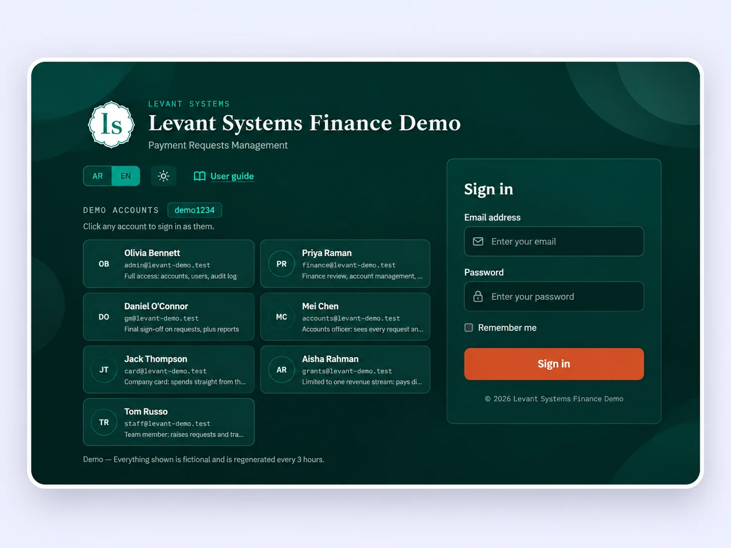 The finance system: the financial-requests queue with approval state, department and amount.